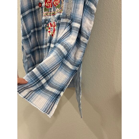 Kyla Seo blue white plaid floral embroidered short sleeve boho tunic shirt large - Picture 4 of 10